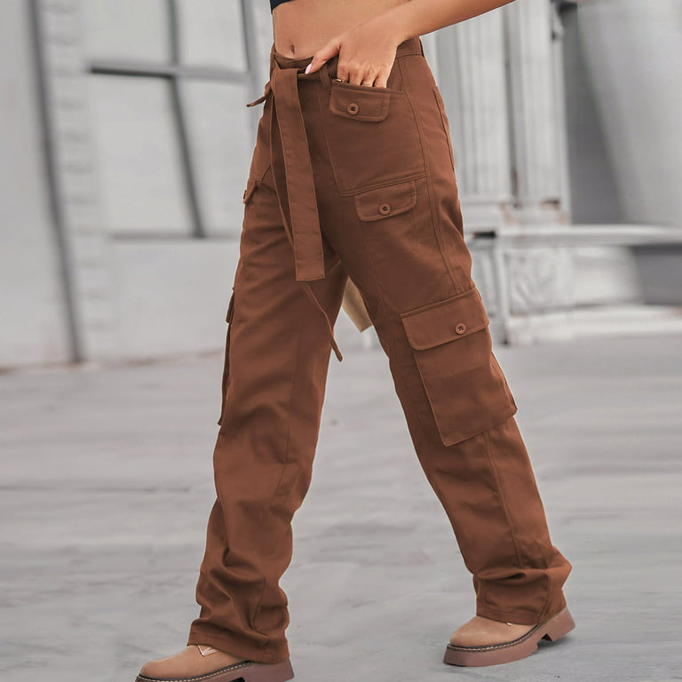 Yydgh Womens Cargo Pants with Belt Lightweight Quick Dry Outdoor Athletic Travel Hiking Pants Casual Loose Pockets Trousers Brown Brown, Women's, Size