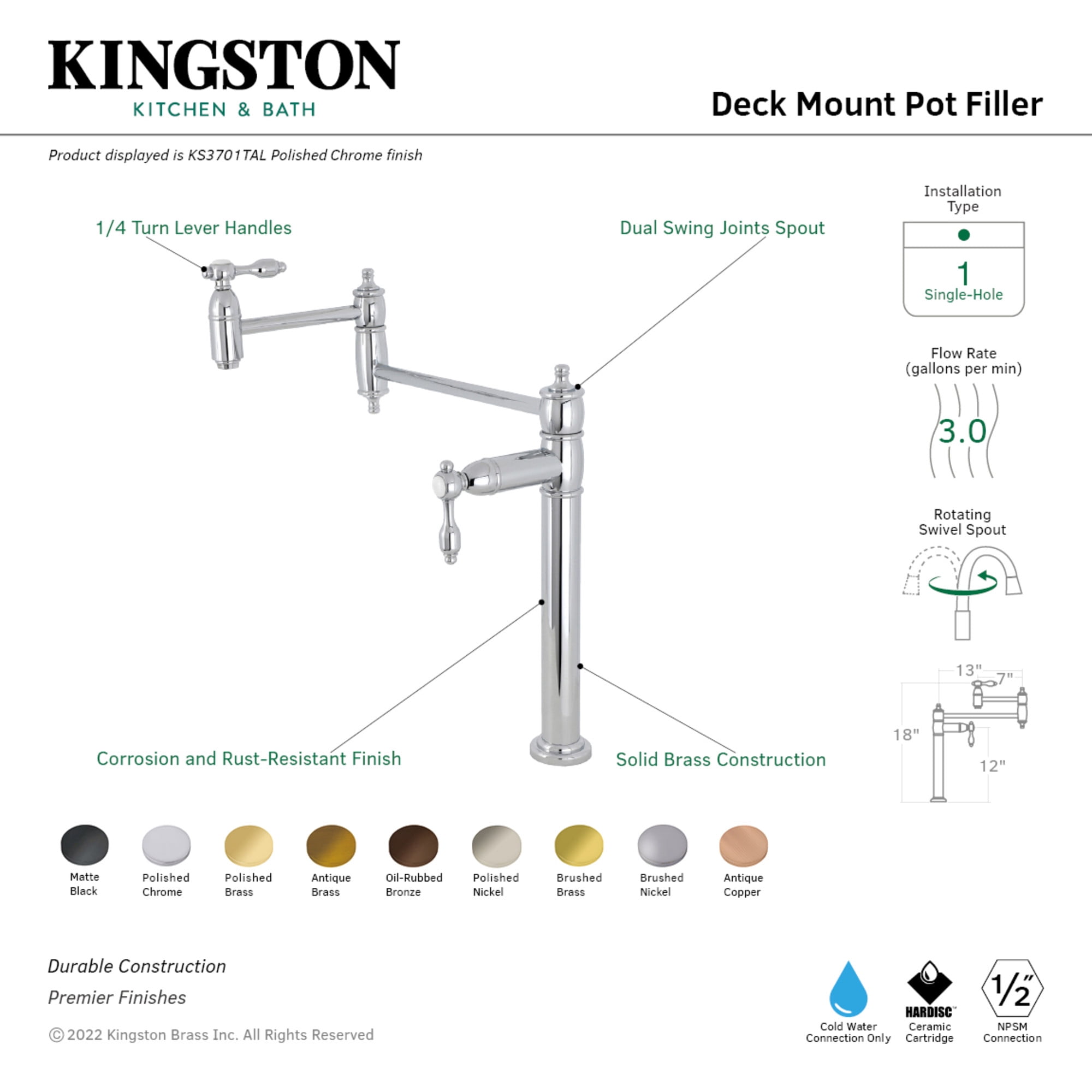 Kingston Brass KS3706TAL Tudor Deck Mount Pot Filler Faucet, Polished Nickel