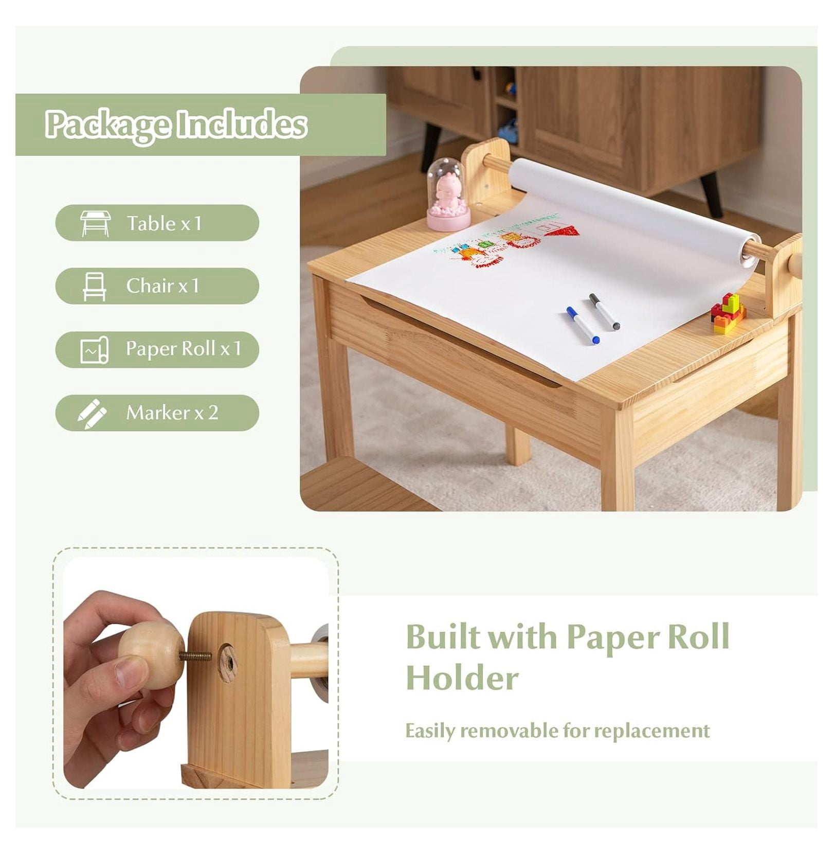 Kids Activity Table Set with Paper Roll Holder and Pen Slot, 21" x 13.5" x 7", Natural 1