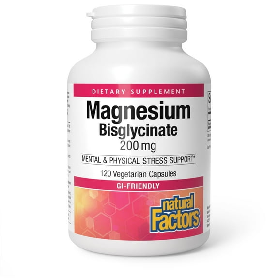 Natural Factors Magnesium Bisglycinate Vegetarian Capsules for Nervous System Support, 200 mg, 120 Capsules