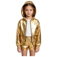 thumbnail image 2 of Aiihoo Kids Girls Hip Hop Hooded Jacket Sparkly Metallic Zipper Short Jacket Coat Outerwear Club Rave Wear Gold 6, 2 of 5