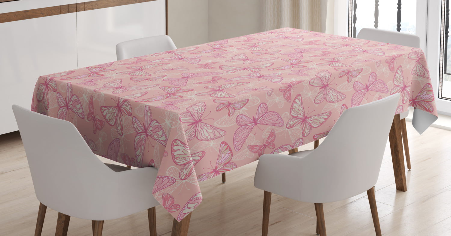 Light Pink Tablecloth, Cute Butterflies Ornate Spiritual Wings Feminine
