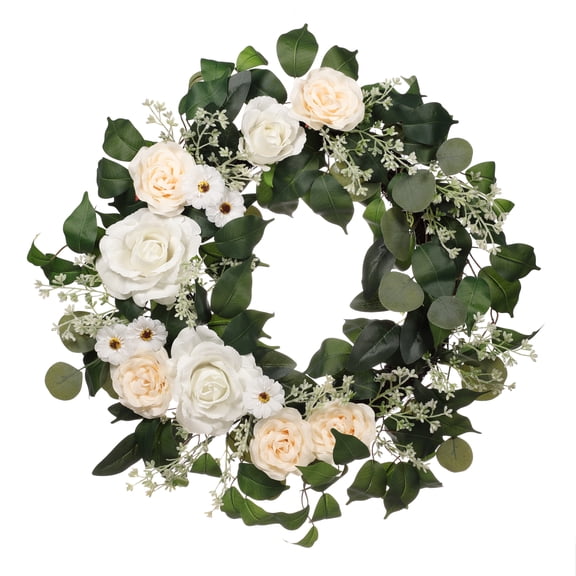 24" Artificial Rose, Camellia, Babys breath Floral Spring Wreath with Green Leaves