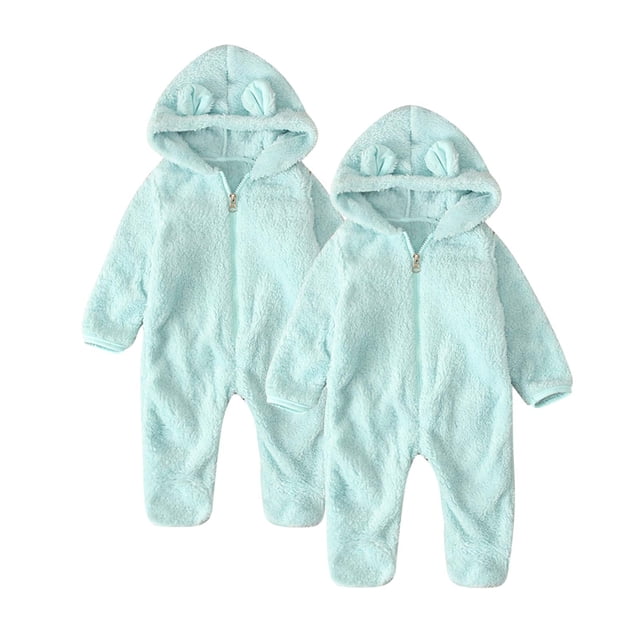 Kovlvoll 2pc Newborn Baby Clothes Fuzzy Fleece Rompers Zipper Hooded Long Sleeve Solid Color Keep Warm Infant Jumpsuit