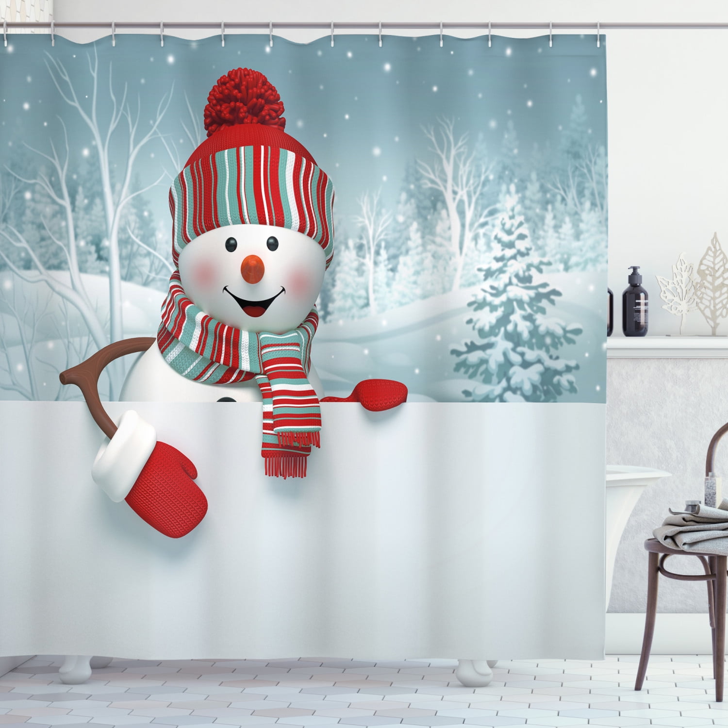 Ambesonne Snowman Shower Curtain, Smiling 3D Mascot Trees, 69"Wx70"L