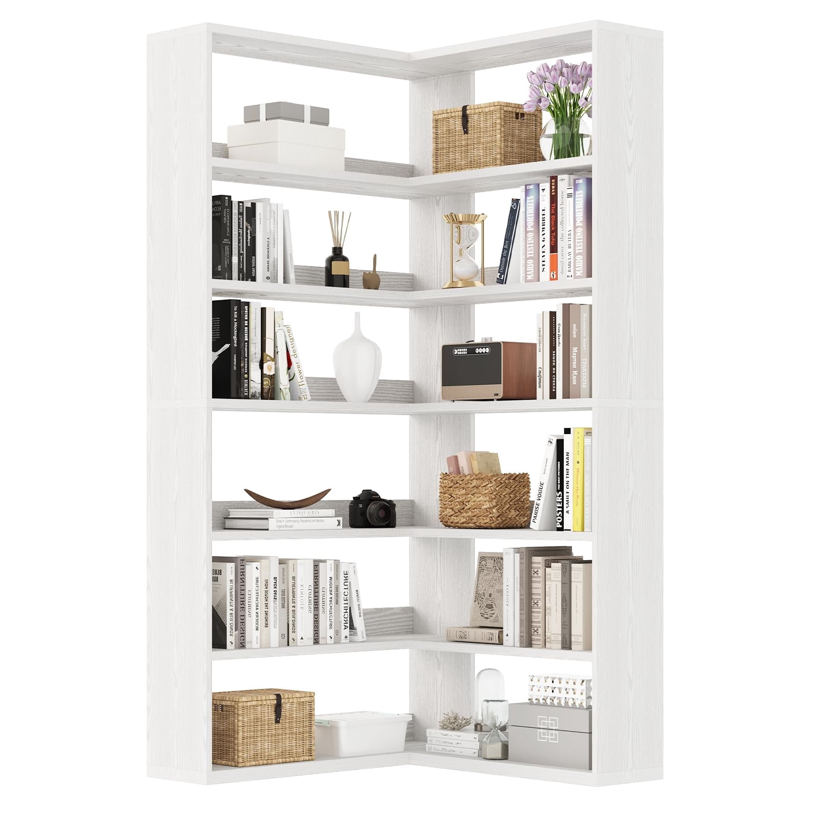 DreamCurship Industrial Corner Bookshelf, 71" Tall 6-Tier L-Shaped Bookcase with LED Lights, Rustic White Space-Saving Display Rack for Living Room, Bedroom
