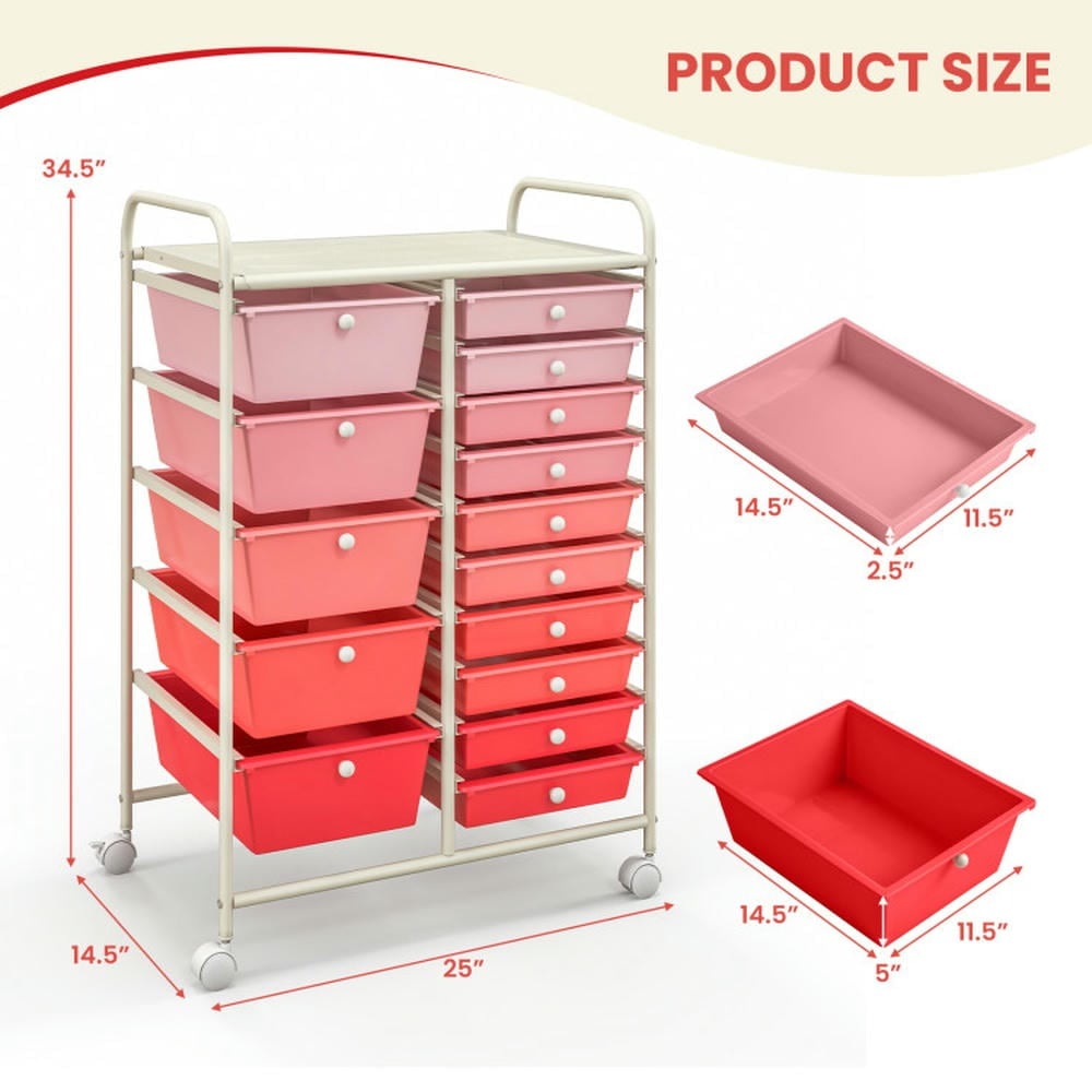 Spaco 15-Drawer Utility Rolling Organizer Cart Multi-Use Storage-Gradient Pink, Craft Organizers and Storage, Multipurpose Organizer Cart for Home, Office, School