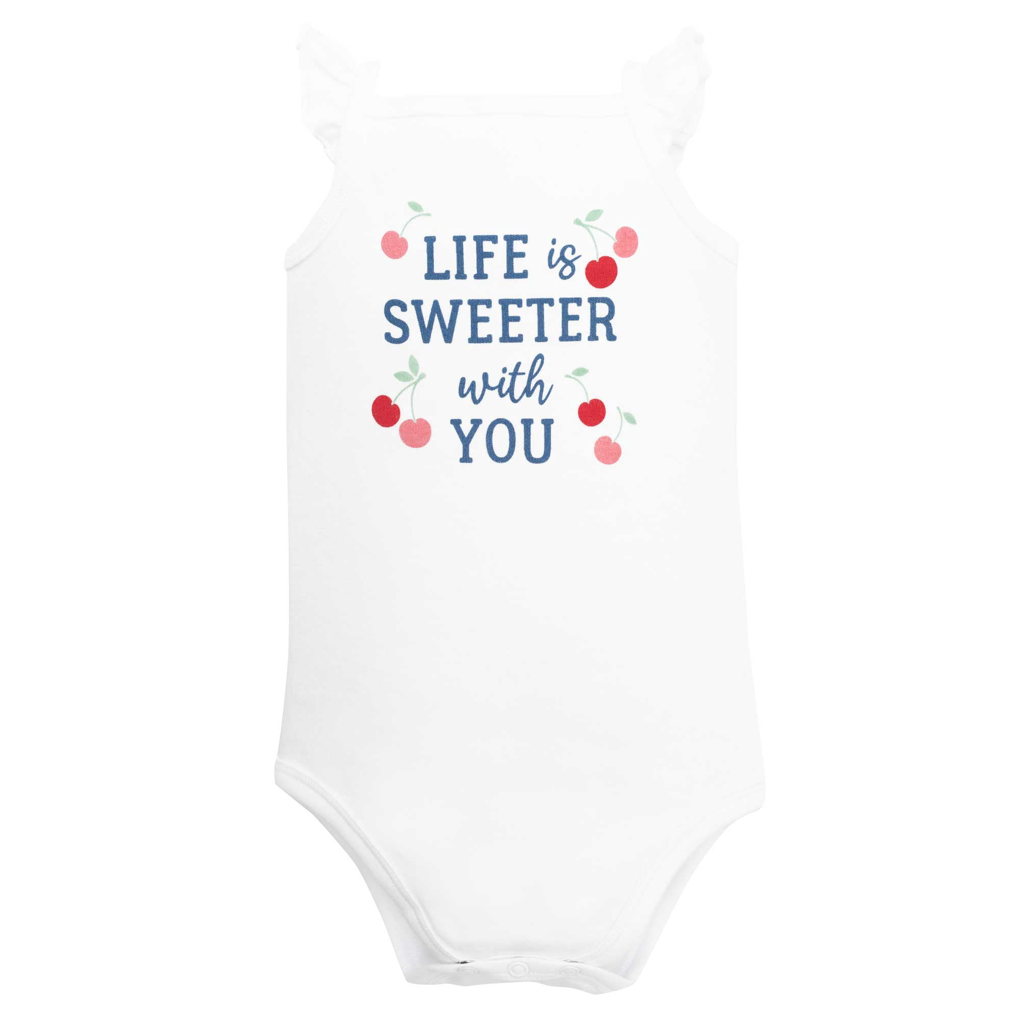 Hudson Baby Girl Cotton Bodysuit, Shorts and Shoe Set, Cherry Sweet Life, 0-3 Months