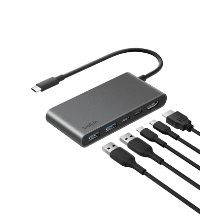 Belkin USB C Hub, 5-Port Hub w/ 4K HDMI Display @ 60Hz, 100W Power Delivery, Fast Data Transfer 5Gbps, USB C Multiport Adapter for MacBook, iPad Pro, Chromebook, & More - Upgraded HDMI 2.0
