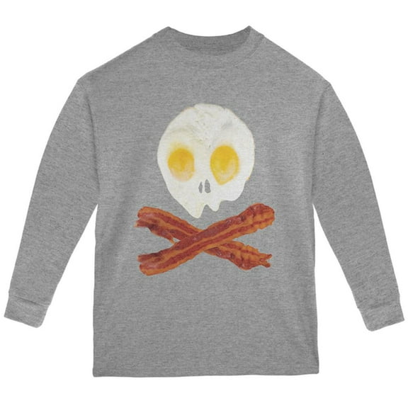 Eggs And Bacon Skull And Cross Bones Youth Long Sleeve T Shirt Storm Grey YMD