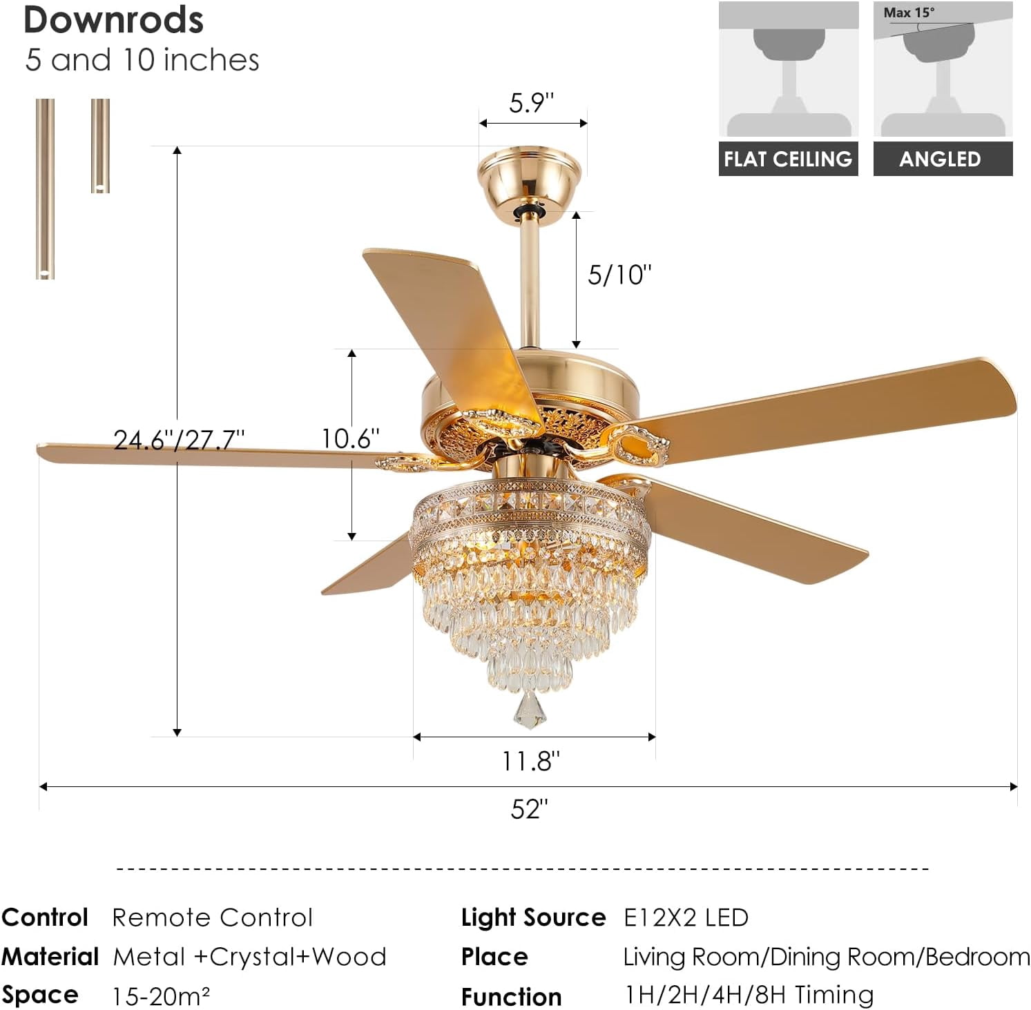 YIOSI 52" Crystal Ceiling Fan with Lights,Fandelier, Gold Chandelier Ceiling Fan with Remote Control, 3-Speed Silent AC Motor, Farmhouse Style for Living Room & Bedroom