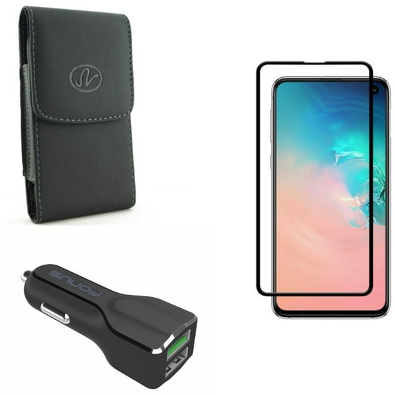 Galaxy S10e Car Charger w Screen Protector w Case Belt Clip - 30W 2-Port USB Power, Tempered Glass 5D Curved Edge, Leather Holster Cover for Samsung Galaxy S10e Phone