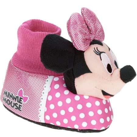 Minnie mouse slippers for baby The toddler girls' pink Minnie Mouse socktop slipper features Minnie Mouse all dressed up in her best pink and white polka-dot dress with her oversized iconic matching hair bow. The stretchy comfortable socktop is crafted in coordinating pink, and Minnie is her usual smiling and happy self.