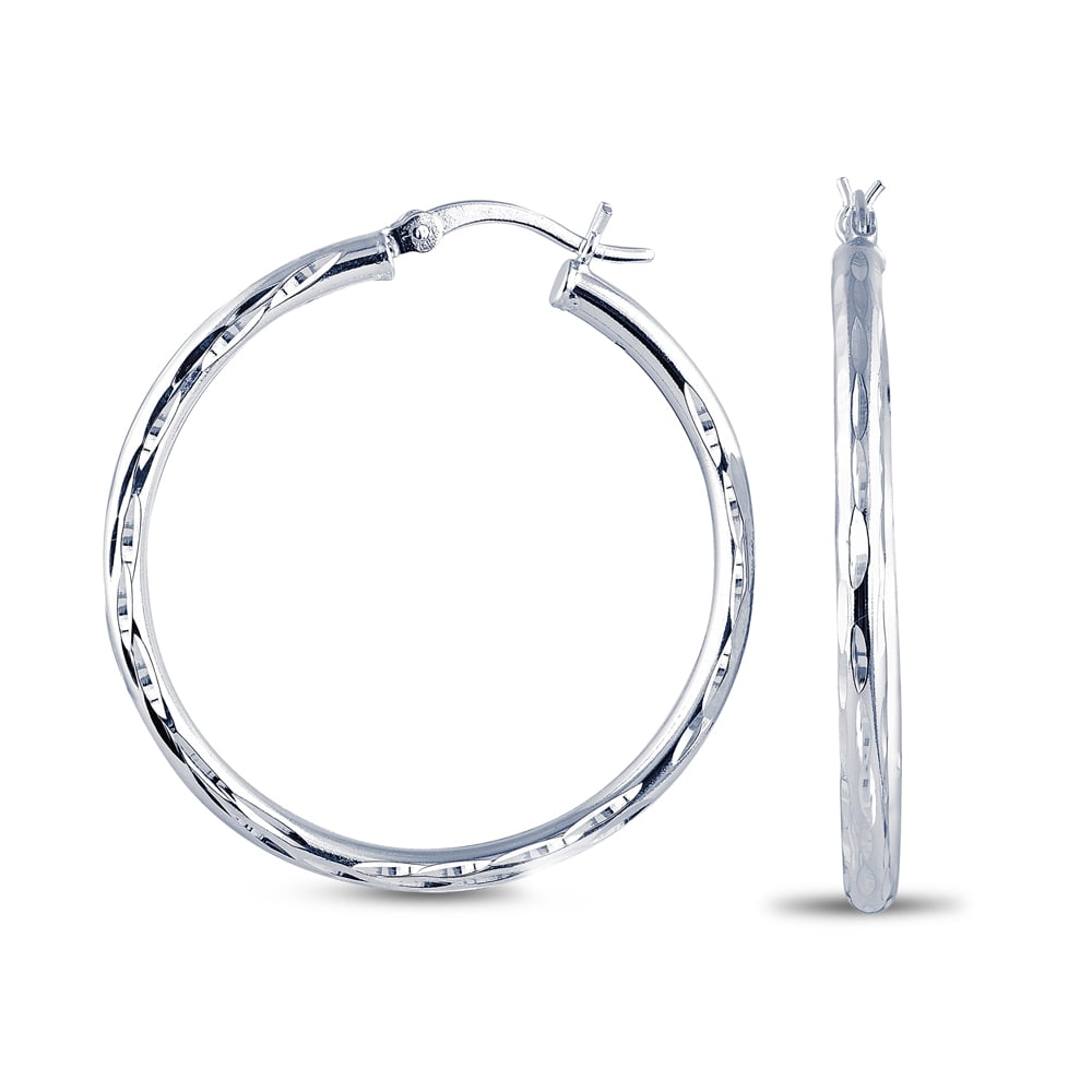 LeCalla 925 Sterling Silver Diamond-Cut Classic Italian Click Top Hoop Earrings for Women and Teen Girls 30MM