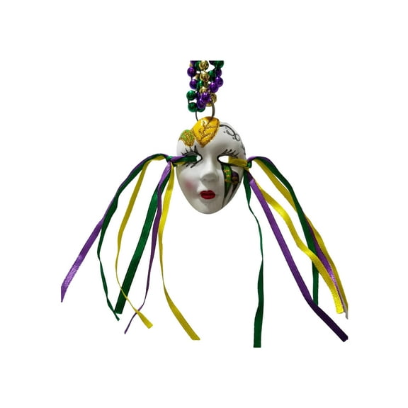 Ceramic Mask Face Ribbon Tri Strand Mardi Gras Beads Party Favor Necklace