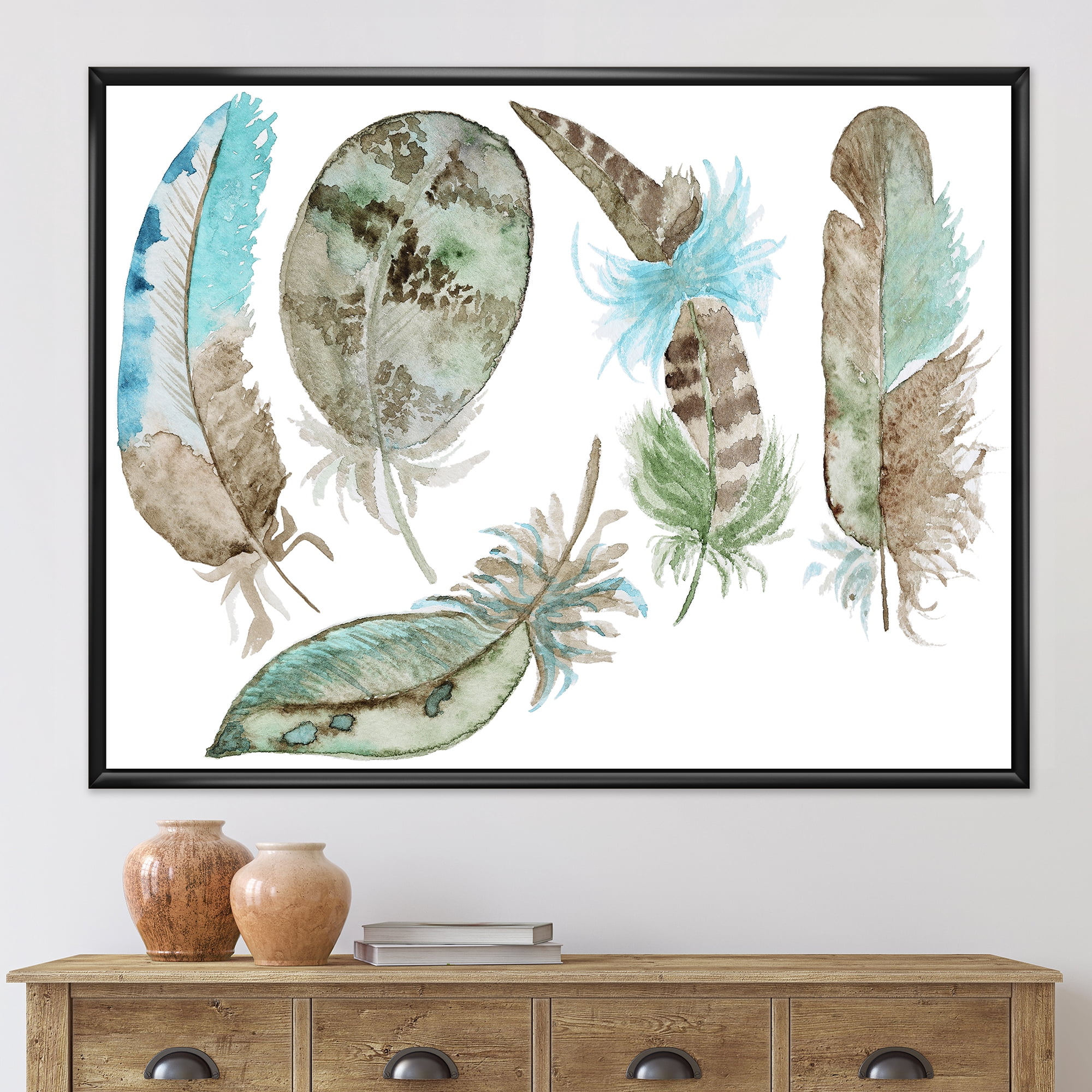 Designart 'Green Feathers Set On White' Bohemian & Eclectic Framed Canvas Wall Art Print