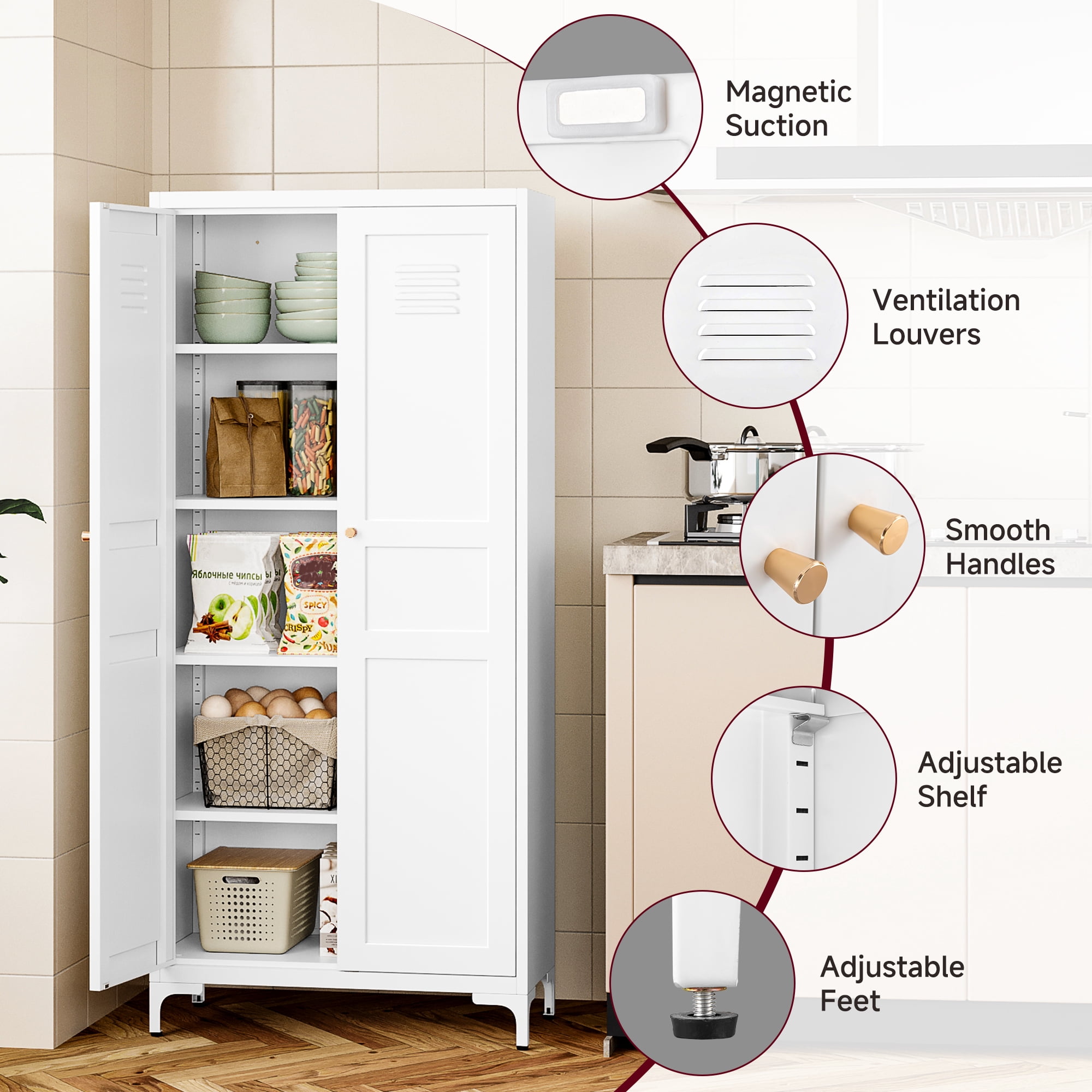 AUHUP Pantry Cabinet with 4 Adjustable Shelve, 61"H White Metal Storage Cabinet for Kitchen, Dining Room, Living Room
