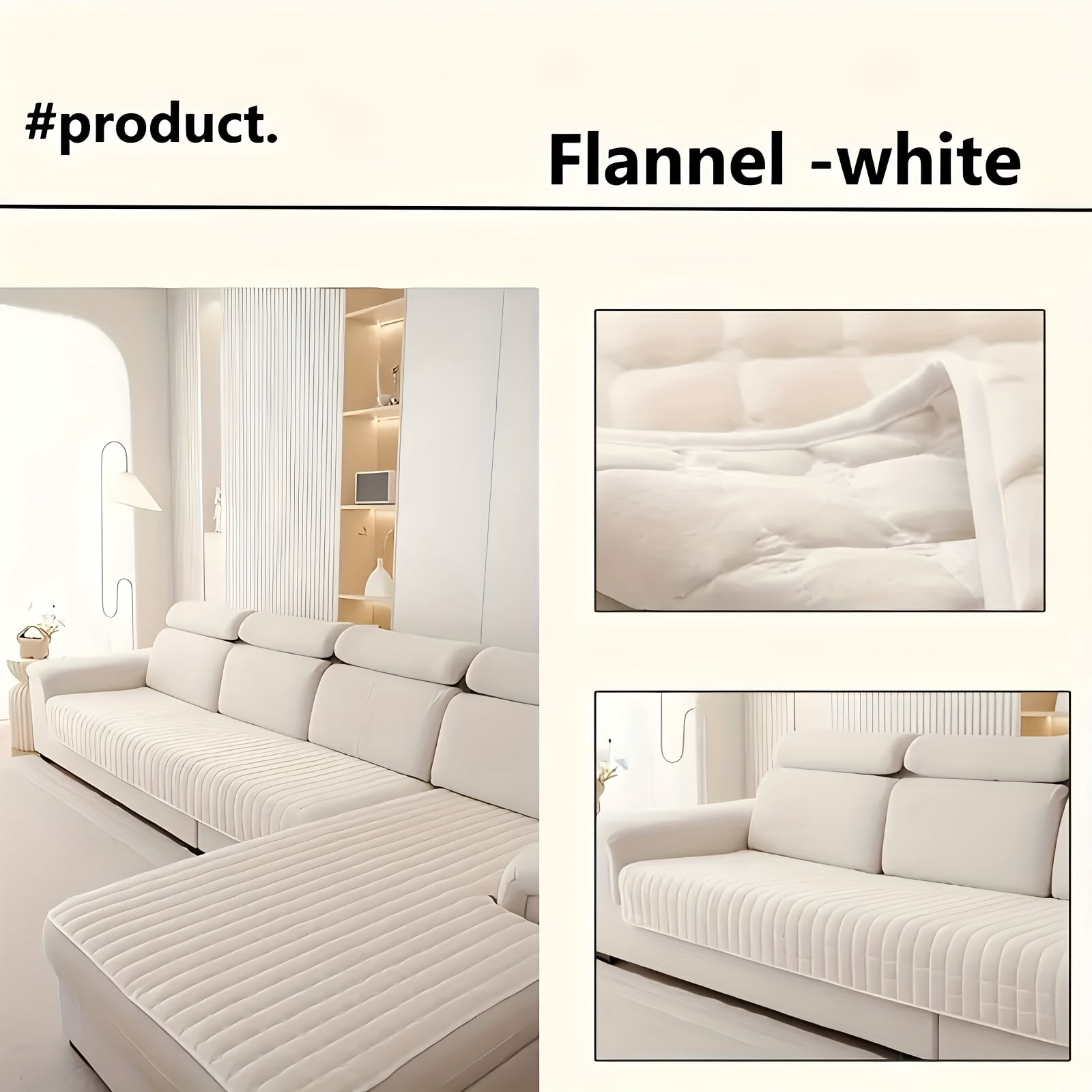 2PCS Quilted Flannel Velvet Sofa Cover, 35"x63"+35"x82" Size, Non Slip Fuzzy Pet Couch Covers for 3 / 4 Cushion Sofa Slipcovers Cushion Protector - White