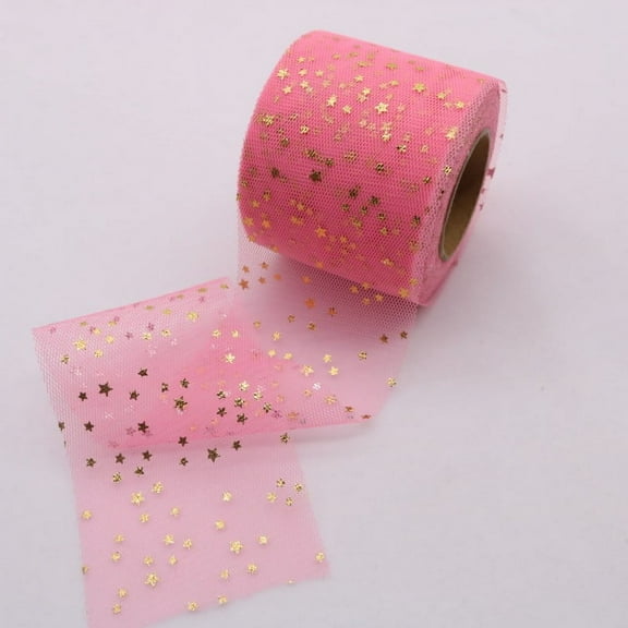 ERDOUY 25 Yards Hot Stamping Moon Stars Fabric Tulle Roll Ribbon 6cm Wide for Decoration Christmas Gift Packing Craft Ribbon for Gift Wrappping Decoration-Pink