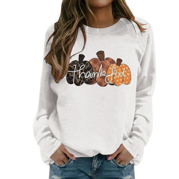 Fiaer Thanksgiving Sweatshirts for Women Pumpkin Graphic Plus Size Pullover Crew Neck Long Sleeve Baggy Tops White XL
