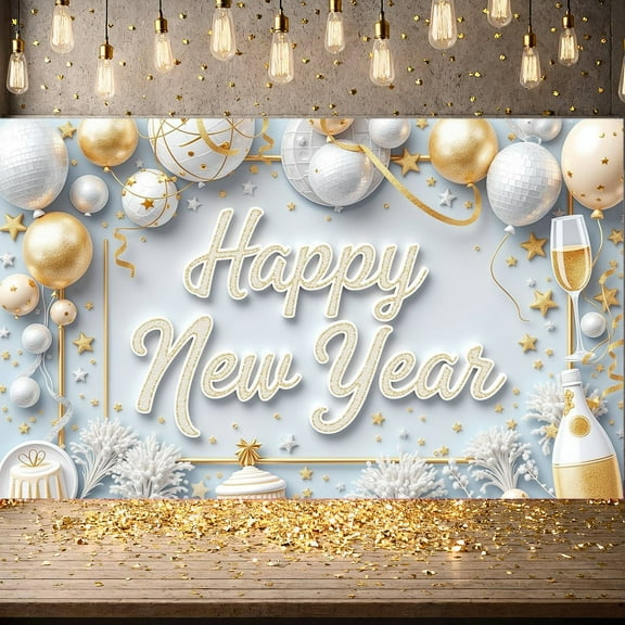 Gold Silver Theme Happy New Year Banner Festive Design New Year Banner Balloon Decor Star Pattern Celebration Banner for New Year Party Holiday Celebration Indoor Decoration