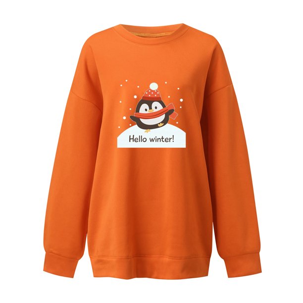 Gibobby Sudadera sin capucha y ocio Suéter sin capucha de manga larga y cuello Rojoondo para mujer, informal y cómodo, versátil, estampado navideño, otoño e invierno (Anaranjado, XL)