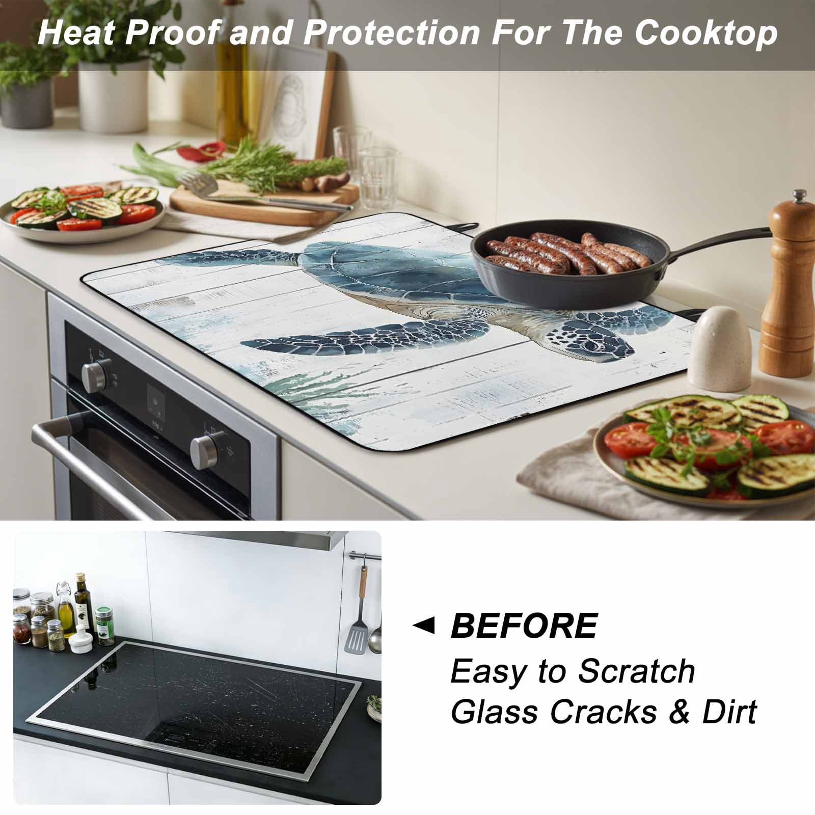 Sea Turtle Teal Blue Stove Top Cover for Electric Stove, Heat-proof & Non Slip Glass Top Stove Cover Protector, Summer Coastal Ocean Wood Grain Kitchen Flat Cooktop Rubber Mat 24x21 Inches