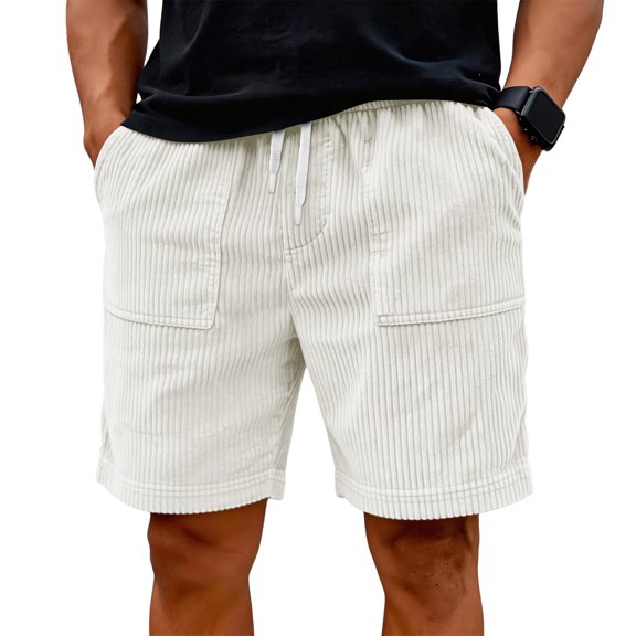 Mens Corduroy Shorts Casual Elastic Waistband Big and Tall Shorts Solid Color Lightweight Work Short with Pockets White L