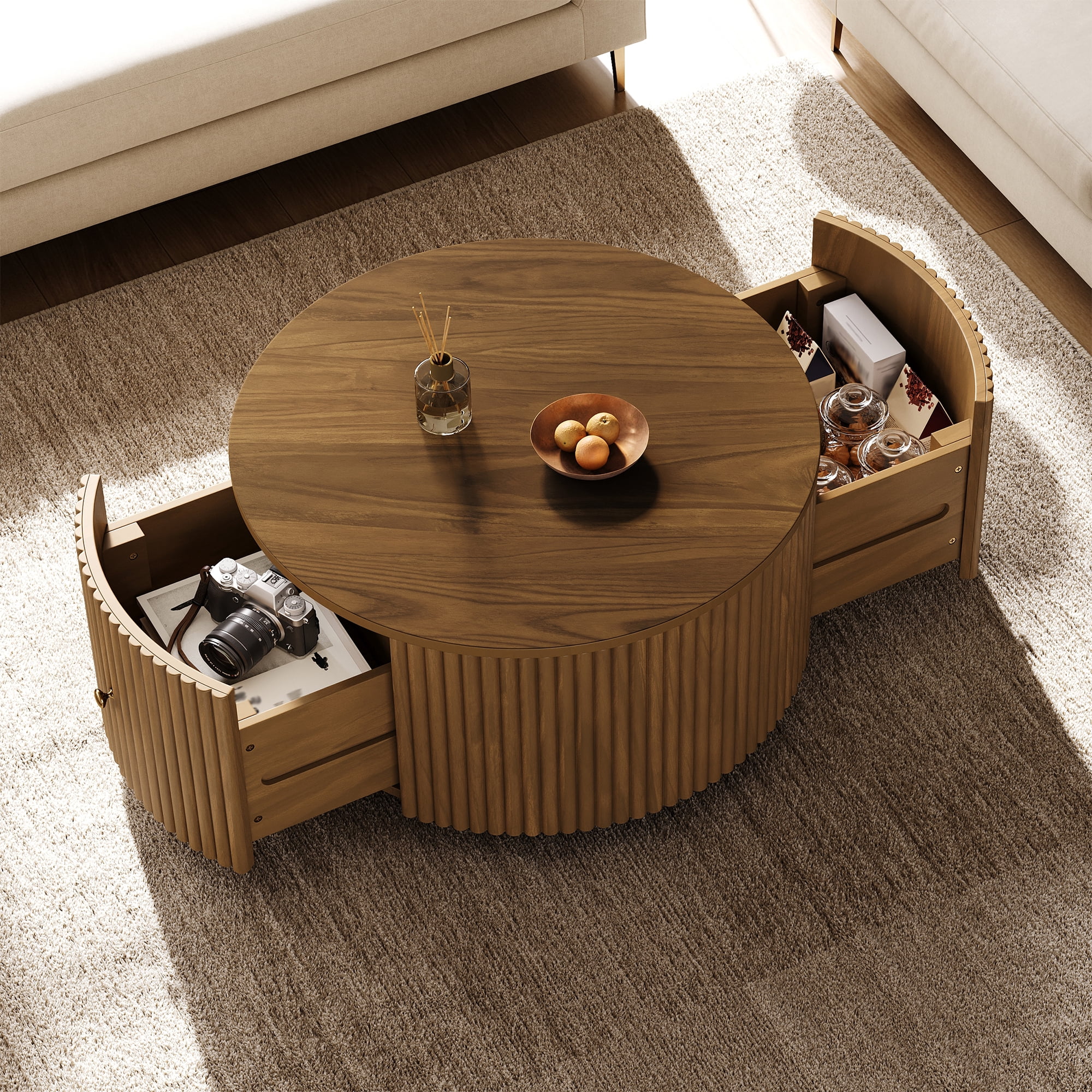 Garitin Coffee Table and Round Fluted Drum Pedestal 30.3 Inch, Mid Century Modern Center Table with Hidden Drawers and Rolling Casters for Living Room, Walnut