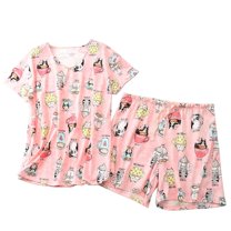 SWSMCLT Women's Cute Pajamas Cotton Pajama Set Summer Thin Drawstring Pjs Soft Funny V Neck Cool Fall Comfy Loose Pink Cat 3X-Large