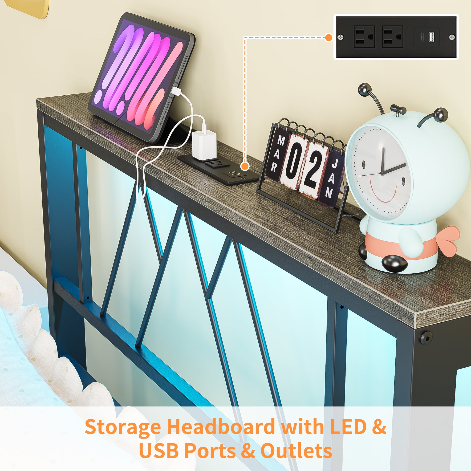 Yoneston Twin Size Platform Bed Fame with LED and Charging Station Storage Headboard No Box Spring Need for Kids Furniture, Black