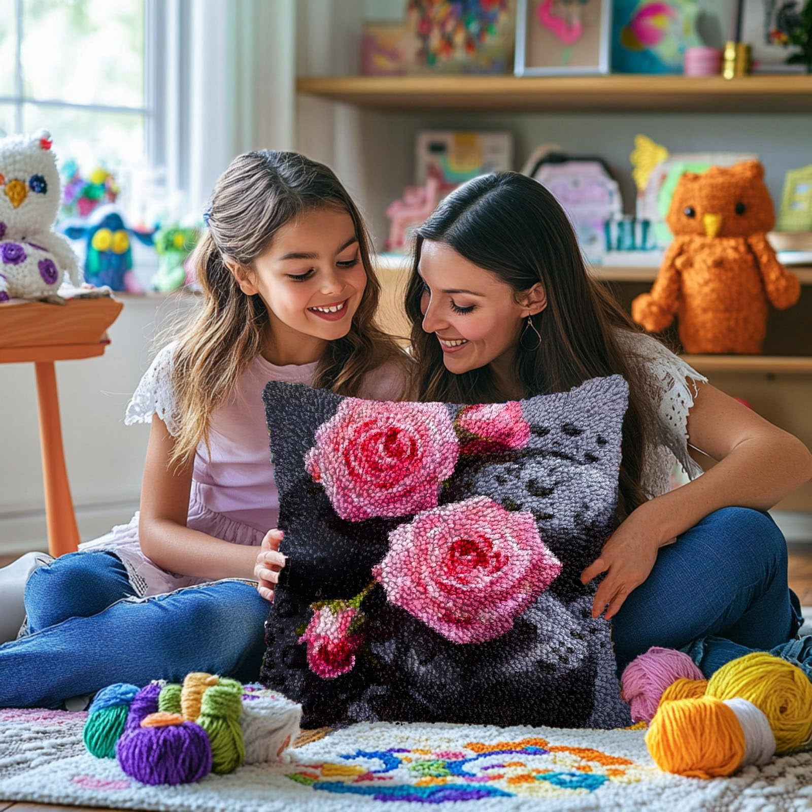 Roses and Black Stone DIY Latch Hook Pillow Kits for Adults Printed Pillowcase Crochet Yarns Hooking Handmade Pillow Cover Cushion for Home Sofa Decoration 17x17inch