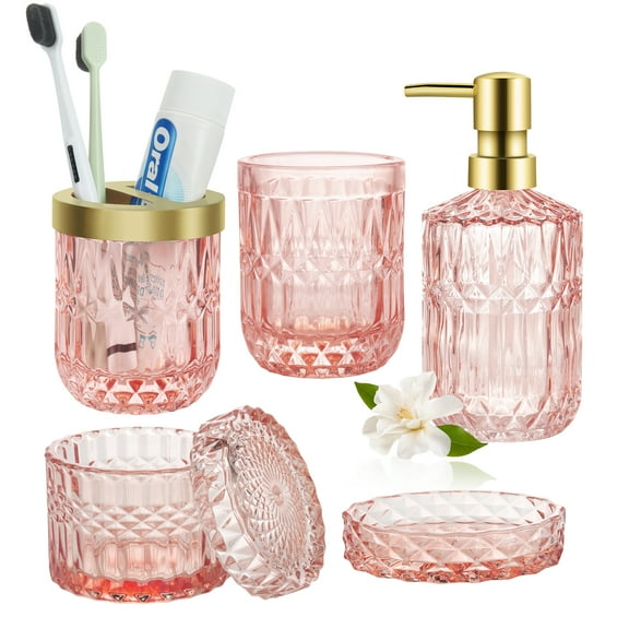 5Pcs Bathroom Dispenser Accessories Set, Modern Glass Bathroom Accessories with Soap Dispenser, Soap Dish, Toothbrush Holder, Tumbler, Cotton Swab Jars, Perfect for Bathroom Theme Gift,Pink
