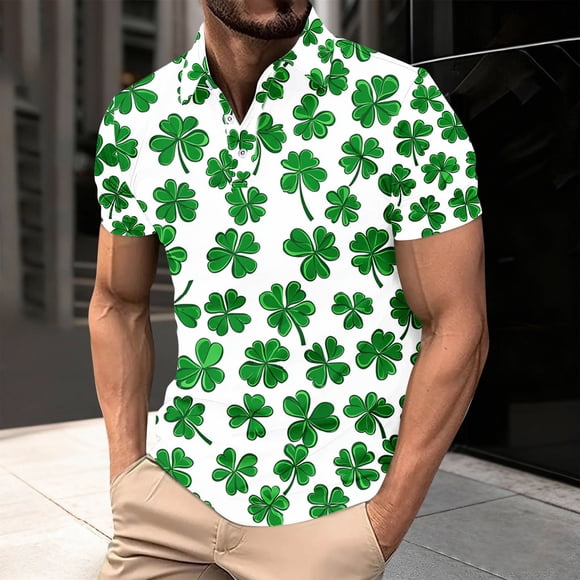 NTACZA Chemises Décontractées à Manches Courtes pour Hommes Shamrock Polos de la Saint-Patrick Tennis à Col Imprimé Trèfle T-Shirt pour Homme m