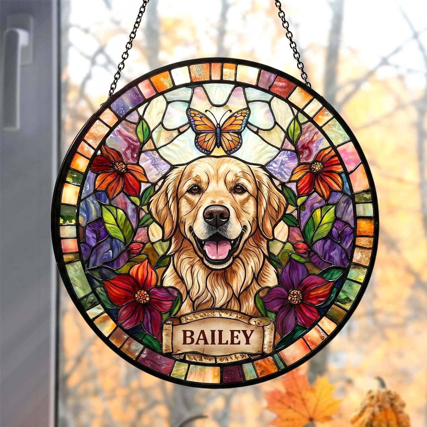 Personalized Dog Stained Glass Sun Catcher Memorial Pet Portrait Hanging Custom Picture Gift for Pet Lovers Sympathy Decor
