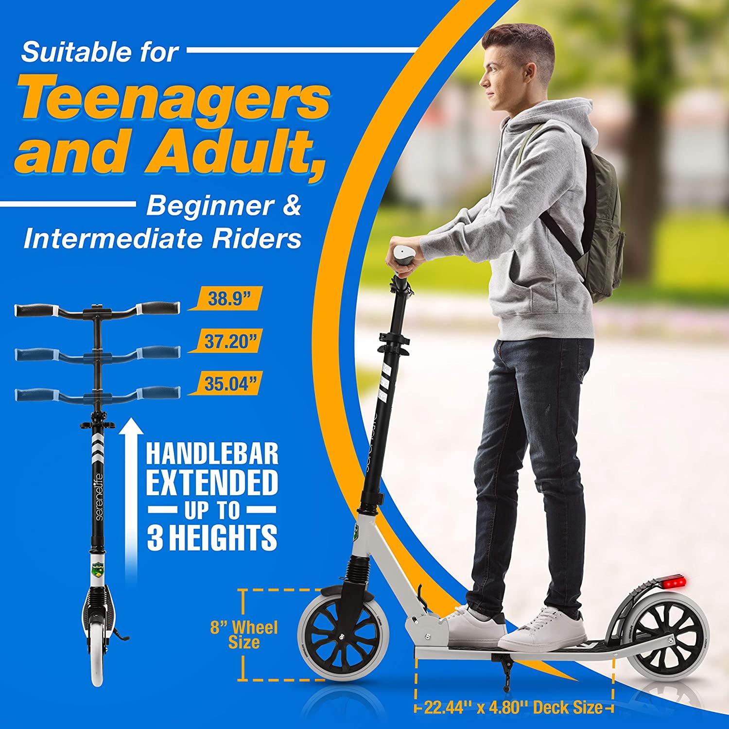 SereneLife Lightweight and Foldable Kick Scooter - Adjustable Scooter for Teens and Adult (Black and White)