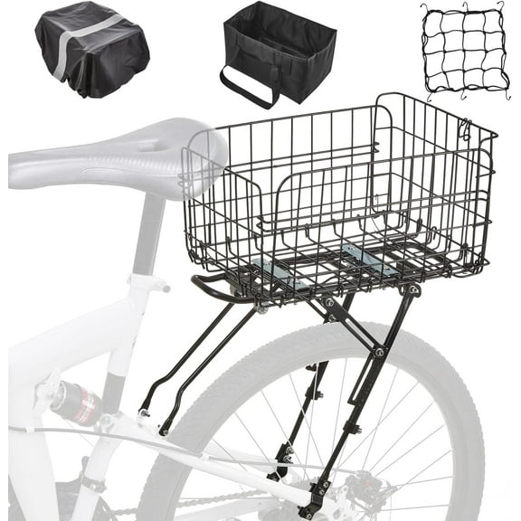 Rear Bike Rack with Basket- Bicycle Cargo Rack with Waterproof Cover, Liner and Cargo Net, Bike Storage Basket for 26" - 29" and 700c Bikes