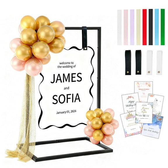 Wedding Sign Holder, Welcome to Our Wedding Sign Stand 36"/50" Adjustable Height Metal Easel Stand W/Design Bundle and Hanging Straps for Wedding, Party, Seating Charts and Event Decor (Matte Black)
