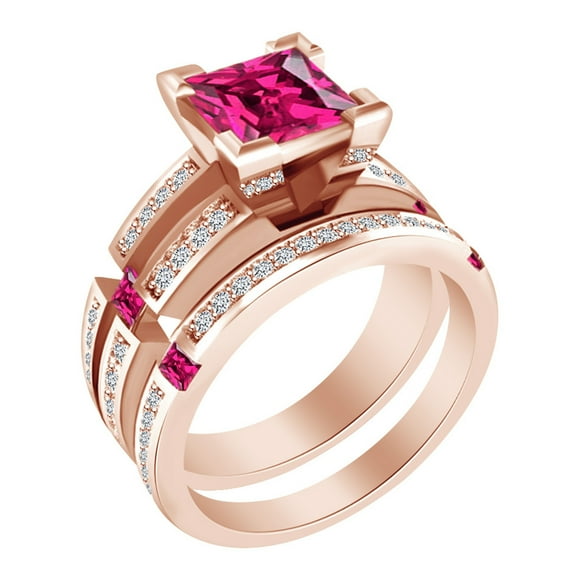 AFFY Princess & Round Shape Simulated Ruby & White CZ 14k Rose Gold Over Sterling Silver Bridal Ring Set