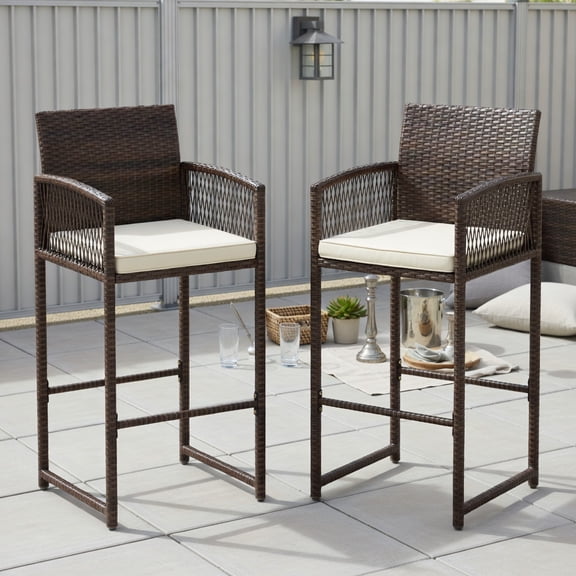 Spaco Outdoor PE Wicker Bar Stools Set of 2, Patio Bar Height Chairs with Cushions for Patio, Garden, Backyard, White