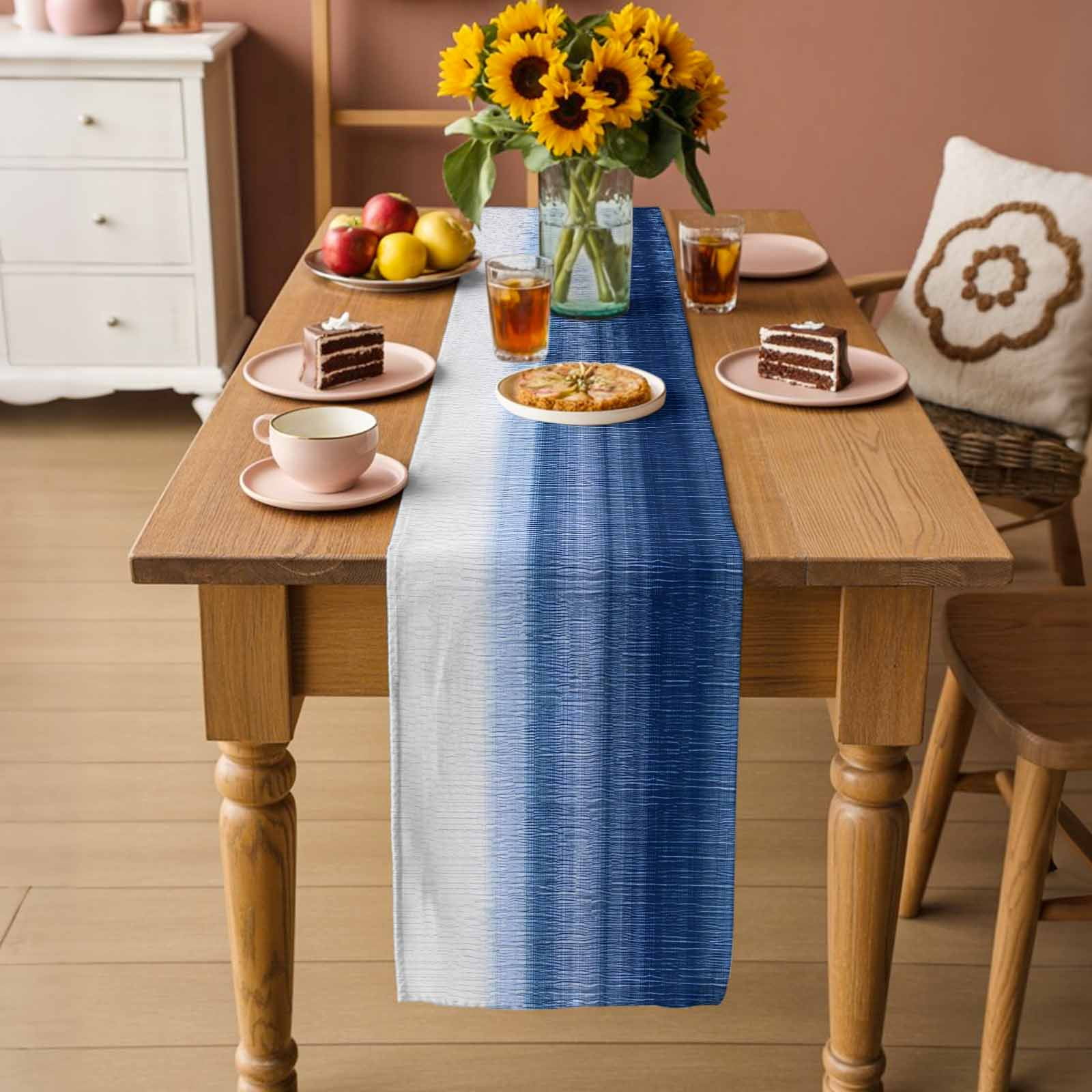 Navy Blue Ombre Table Runner, Farmhouse Modern Gradient Washable Cotton Linen Table Runners 90 Inches Long, Dresser Scarf Runner for Dining/Coffee/Kitchen/Hallway Tables 13''x90''