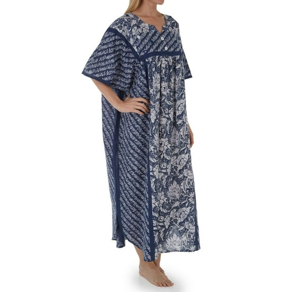 Women's La Cera 3004 100% Cotton Block Pattern Caftan (White/Navy O/S)