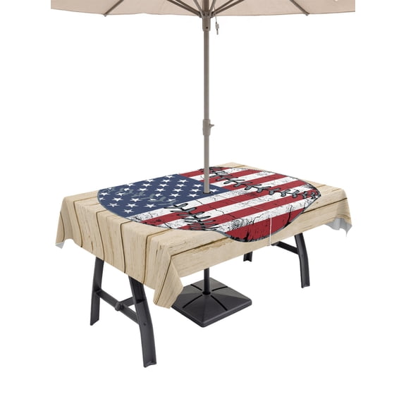 Baseball American Flag Rectangle Outdoor Tablecloth with Umbrella Hole Rustic Wood Grain Patriotic 60x102 Inch Waterproof Table Cover Zippered Table Cloth for Garden Patio