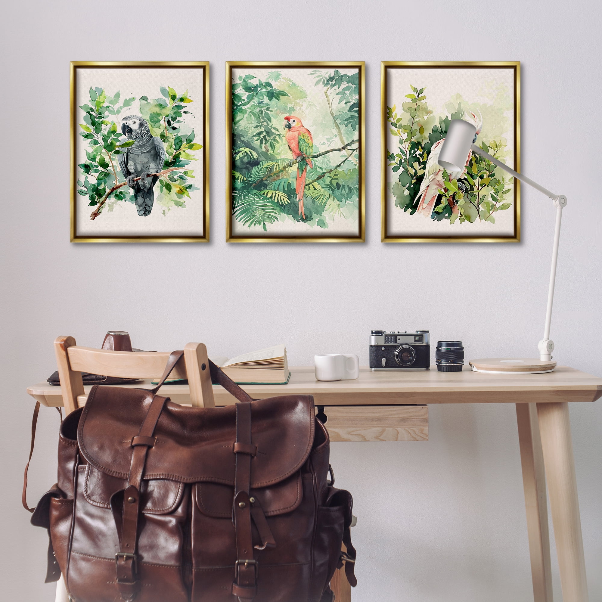 Stupell Industries Tropical Parrots in Jungle Animals Painting Gold Floater Framed Canvas Art Print Wall Art, 17 x 25, Set of 3