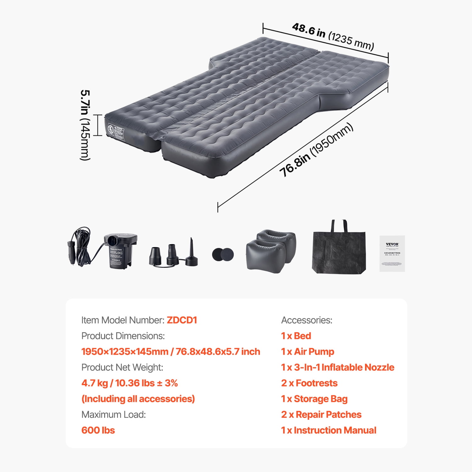 VEVOR Car Air Mattress, Inflatable Car Camping Mattress, Oxford Thickened Travel Beds, Comfortable and Durable Portable Sleeping Pad with Air Pump, Nozzle, Carry Bag, Fits Most SUV MPV Sedan, Gray