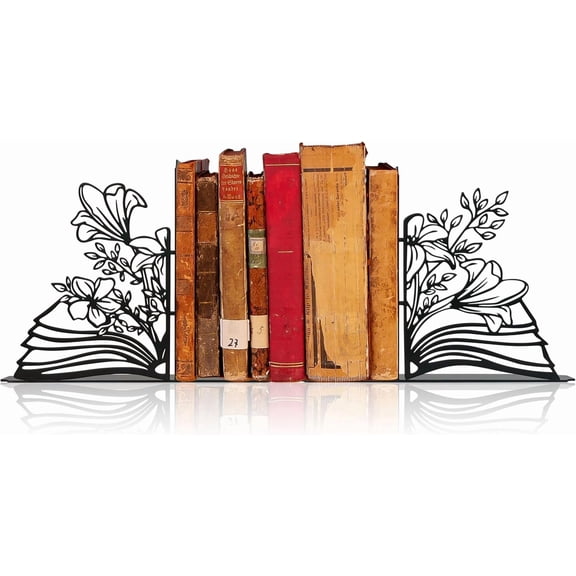 XIMEI Metal Flower & Book Design Decorative Bookends, Cute Book Ends for Shelves, Reading Room Decor for Book Lovers