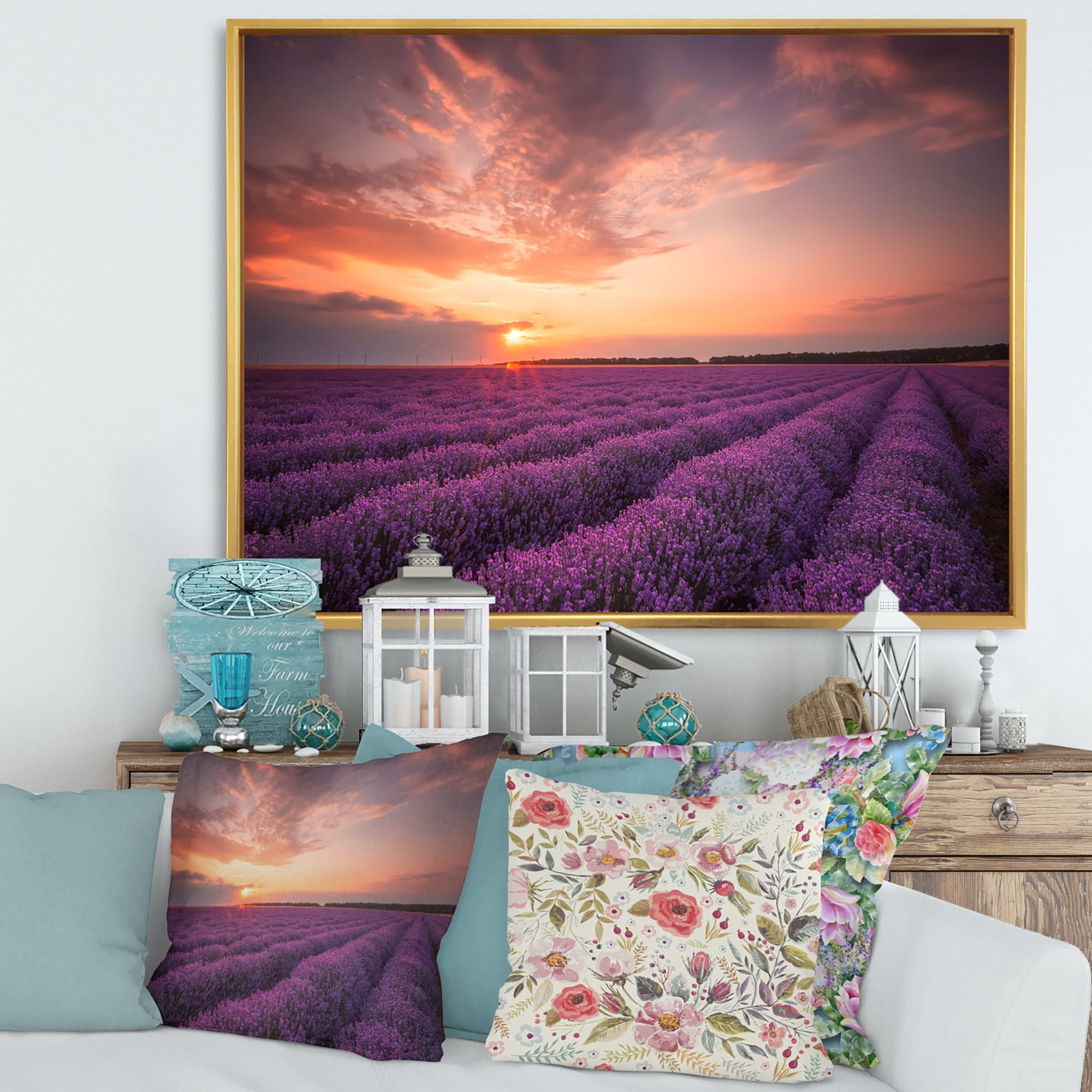 Designart 'Dramatic Clouds and Sunrise Over Lavender Field XII' Farmhouse Framed Canvas Wall Art Print