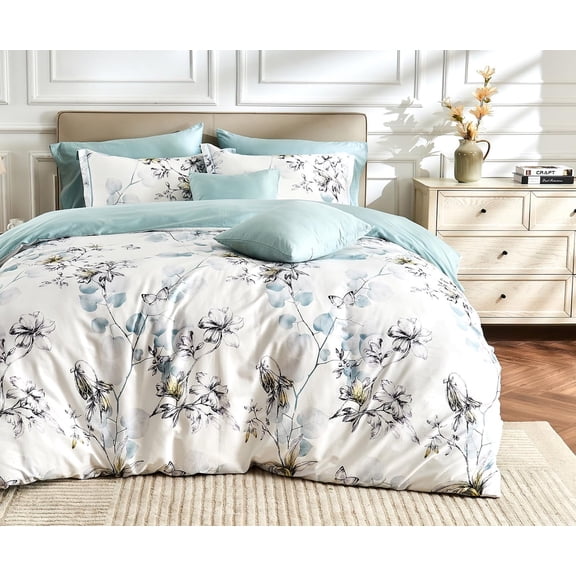SLEEPBELLA Queen Size Duvet Cover Set with Button Closure - Light Blue and Yellow Botanical Luxury Bedding for a Comfortable Sleeping