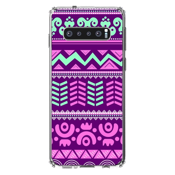 DistinctInk Clear Shockproof Hybrid Case for Samsung Galaxy S10  PLUS(6.4" Screen) - TPU Bumper, Acrylic Back, Tempered Glass Screen Protector - Pink Green Aztec Tribal