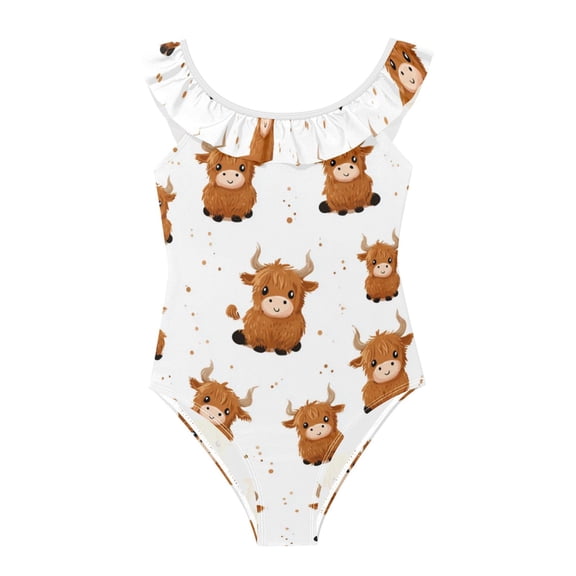 Girls Ruffled One Piece Swimsuit Summer Beach Vacation Swimwear Tank Swimsuit Cute Yaks Cow Pattern